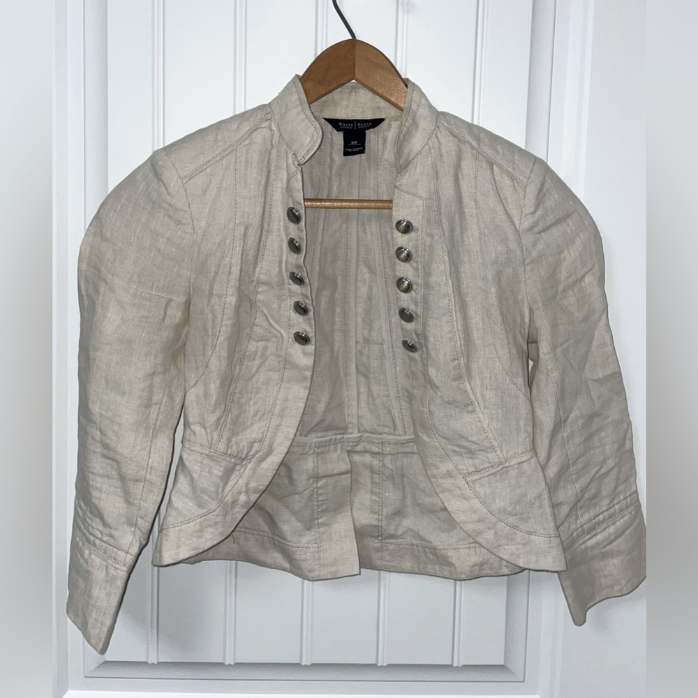 White House Black Market cream, short blazer with silver decorative buttons.